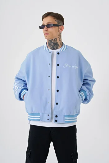 Machinist Men's Born Again Style Oversize Light Blue Bomber Jacket