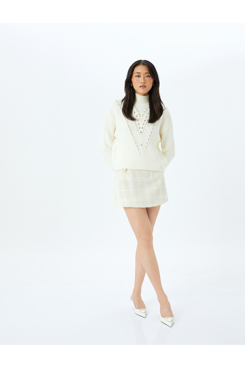 Koton Long Sleeve Openwork Stand Collar Stone Knit Sweater