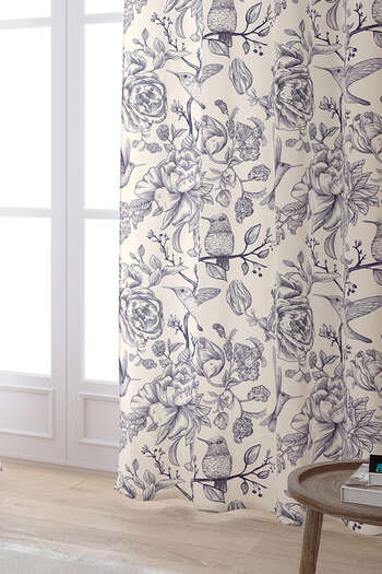Cango Home Beige Navy Blue Flower Bird Patterned Digital Printed Curtain Otyk800-pr