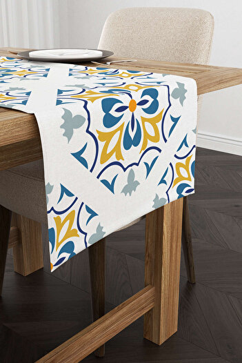 Cango Home White Blue Modern Ethnic Tile Patterned Digital Printed Runner Cgh565-rn