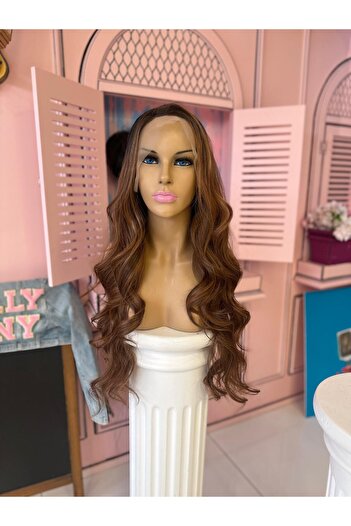 LOLLY PONY Dalgalı Kumral Dip Boyalı 75 cm Kore Fiber Sentetik Ön Tül Peruk