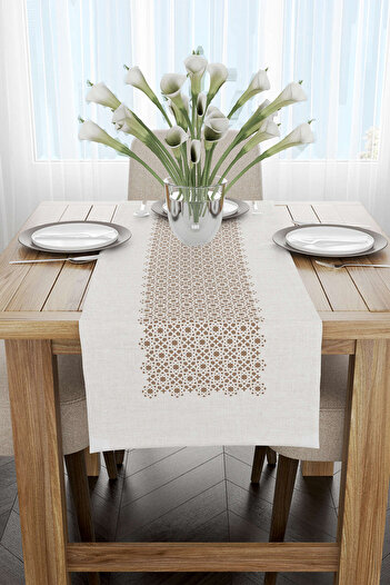 Cango Home Brown Cream Ramadan Themed Decorative Patterned Digital Printed Runner Cgh1324-rn