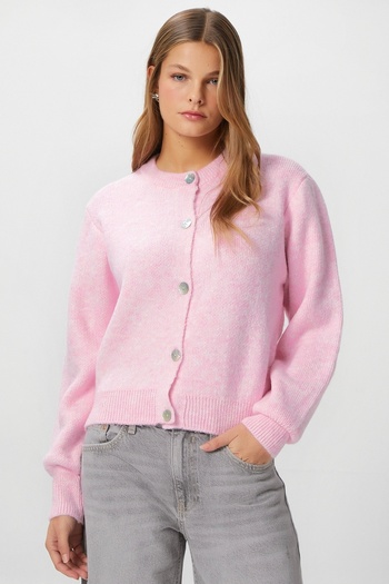 Ritnice Women's Demi Basic Soft Texture Pink Basic Knitwear Cardigan