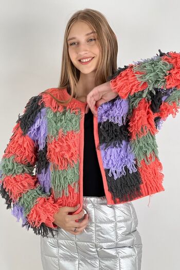 Miss Poem Women's Oversize Tasseled Multicolor Winter Long Knitwear Cardigan