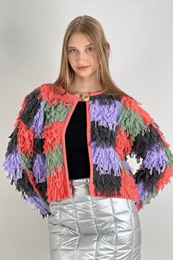 Miss Poem Women's Oversize Tasseled Multicolor Winter Long Knitwear Cardigan