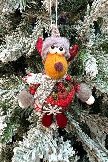 Huzur Party Store New Year's Deer - 17 cm Red Plaid and Dressed Pine Tree Ornament, Love Lucky Dwarf