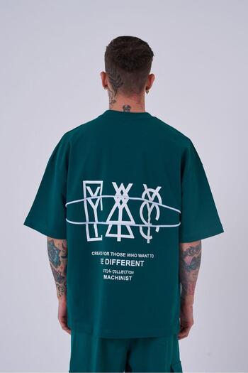 Machinist Ανδρικό μπλουζάκι με φερμουάρ με στάμπα Oversize Petrol Green