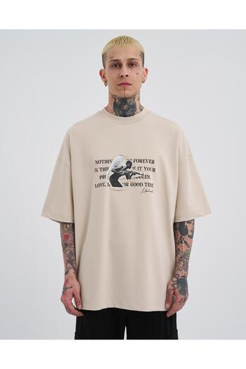 Machinist Light Beige Toxic People Printed Men's Oversize T-Shirt