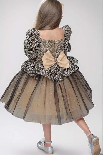 Riccotarz Girl's Jacquard Detailed Balloon Sleeves Square Neck Gold Evening Dress