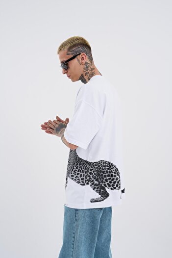 Machinist Men's Leopard Printed Oversize White T-Shirt