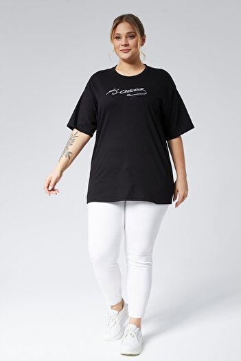 Seamoda Plus Size Ataturk Signature Printed Oversize Basic Comfort Short Sleeve Single Jersey T-Shirt-Black