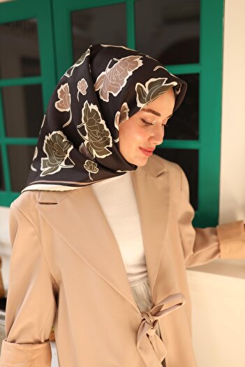Silk Home Bitter Brown Khaki Leaf Pattern Tivil Silk Scarf-11440-18-Kvs0441