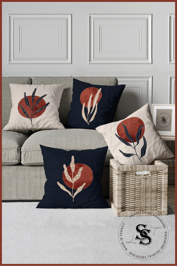 SasoHome Red Moon And Cream Plants Designed 4-Piece Digital Printed Throw Pillow Cover
