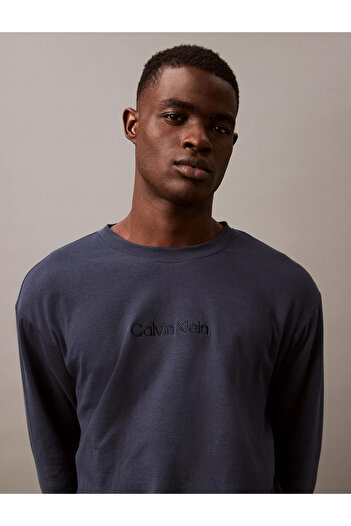 Calvin Klein Erkek Sıfır Yaka Baskılı Rahat Kesim Günlük Mavi Sweatshirt 000NM2708E-PPK