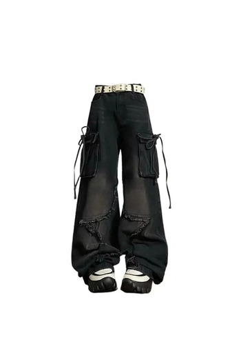 Butik Y2k Black Unisex Star Detail Washed Wide Leg Relax Unisex Tech Pants