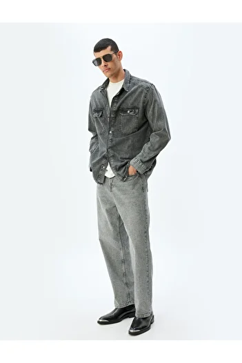 Koton Jeanshemdjacke mit langen Ärmeln und Pattentaschendetail aus Baumwolle