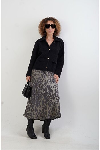 Zelish My Sister Fusta din satin cu model leopard kaki