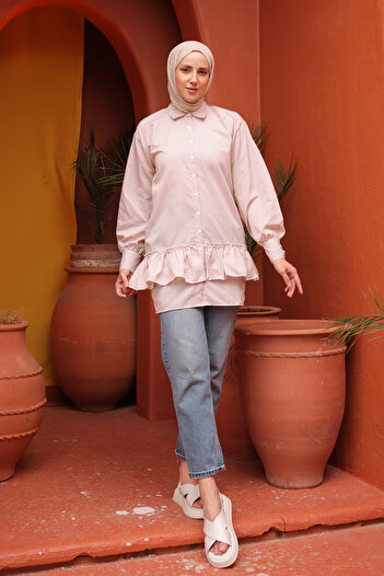 İmajButik Camel Tunic με ρίγες και πέρλες - βολάν