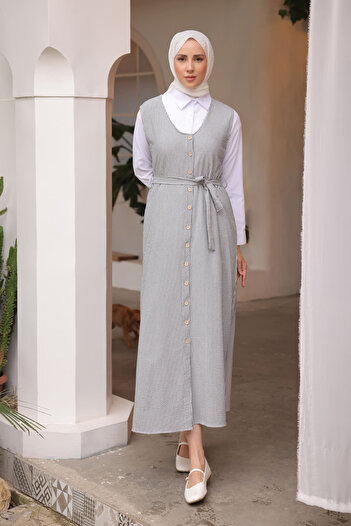 İmajButik Γκρι φόρεμα Gilet πουκάμισο με κουμπιά