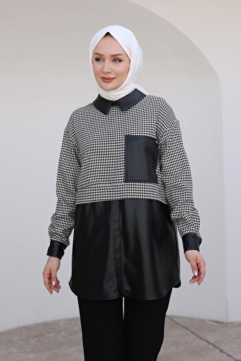 Armine Trend Shirt Collar Leather Detailed Tunic-Black 24Kt468