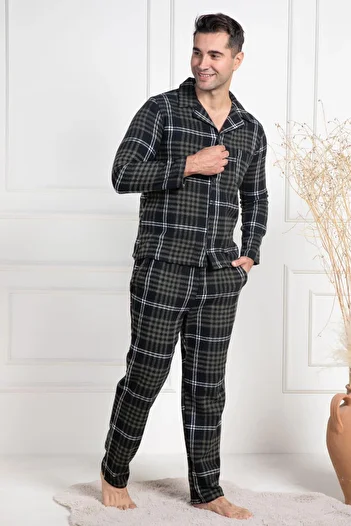 Mecit Pijama Ανδρικές χειμερινές πιτζάμες Plus Size - Καρό στάμπα, γιακάς πουκάμισου, μπροστινό κουμπί, 75% βαμβάκι, 25% βισκόζη
