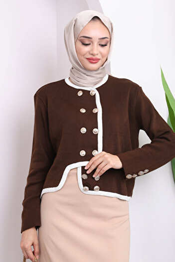 İmajButik Brown Buttoned Crop Knitwear Cardigan