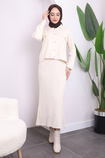 İmajButik Κρεμ Crop Jacket Φόρεμα Διπλό Σετ Πλεκτό Συνδυασμού