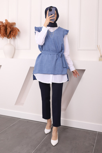 İmajButik Indigo Belted Tunic Πουκάμισο Συνδυασμός Διπλό Σετ