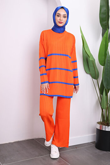 İmajButik Orange Striped Knitwear Tunic Trousers Double Set