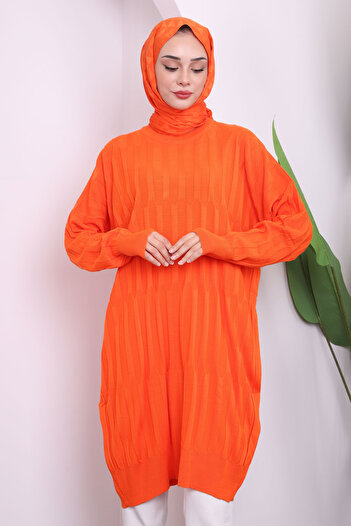 İmajButik Orange Crew Neck Mercerized Loose Knitwear Tunic