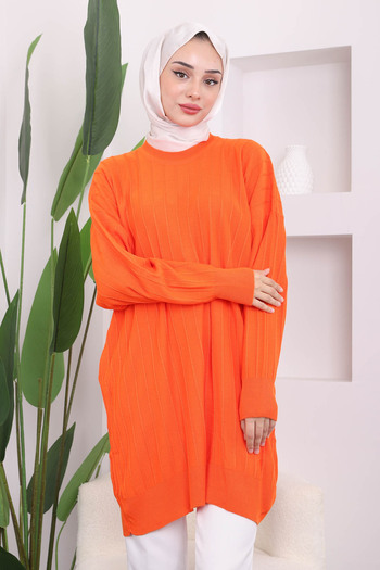 İmajButik Orange Crew Neck Mercerized Loose Knitwear Tunic