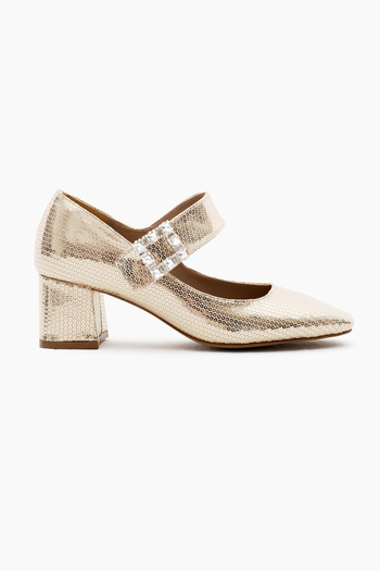 Tonny Black Women's Gold Neolite Sole Patterned Velcro Stone Buckle Heeled Shoes