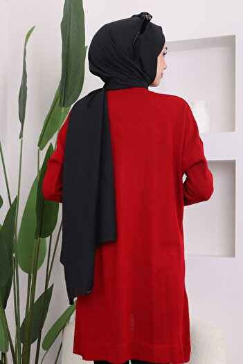İmajButik Kırmızı Bisiklet Yaka Merserize Salaş Triko Tunik