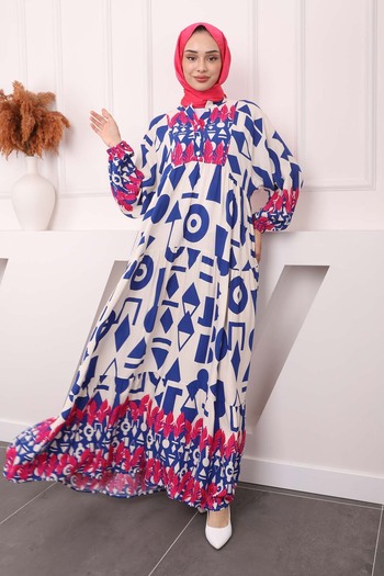 İmajButik Διακοσμημένο Saks Blue - Φόρεμα με μισά κουμπιά και μανίκια ελαστικά