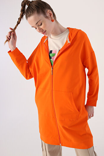 ALLDAY Orange Hooded Zippered Sweat Cardigan