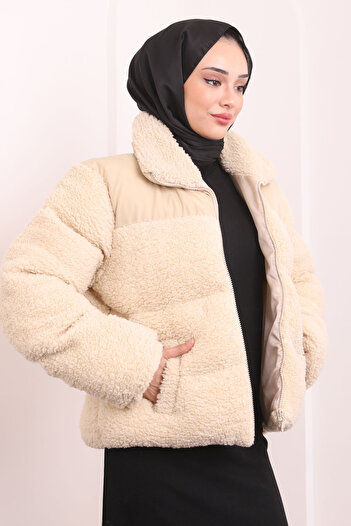 İmajButik Plush Short Coat with Mink Pockets