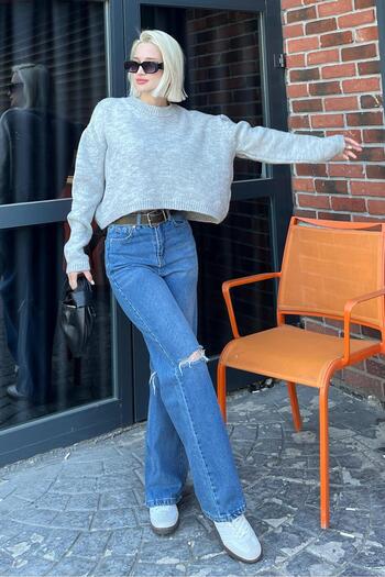 Madmext Crew Neck Gray Crop Women's Sweater - Mg2166