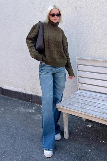Madmext Turtleneck Green Women's Sweater - Textured, Mg2197