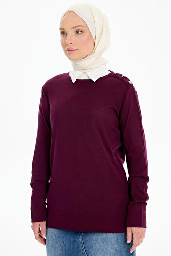 Tuğba Omuz Düğme Detaylı Rayon Bluz - Mürdüm