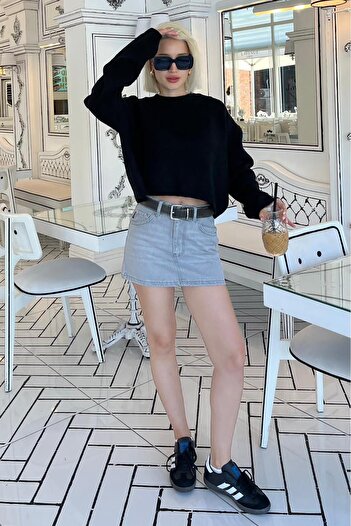 Madmext Crew Neck Black Crop Women's Sweater - Mg2166