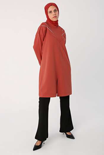 ALLDAY Orange Slit Silvery Ribbed Neckline Detailed Tunic