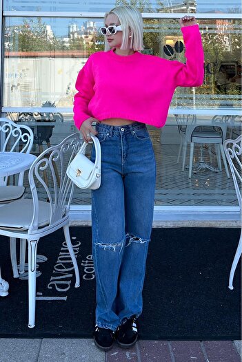 Madmext Fuchsia Crop Women's Sweater - Crew Neck Mg2166