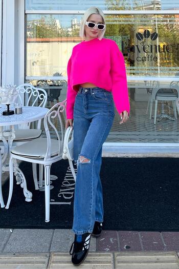 Madmext Fuchsia Crop Women's Sweater - Crew Neck Mg2166