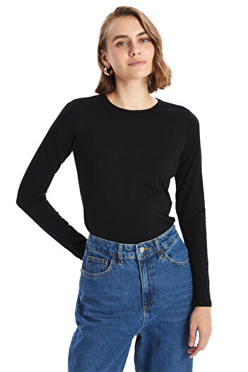 Alsancak Üniforma Women's Black Stretchy Fabric Crew Neck Long Sleeve Cotton Bodysuit