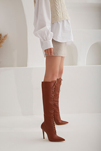 AYAKKABI PRENSİ Polly Lace up Boots Tan Matte 10 cm Women's Boots, Heels