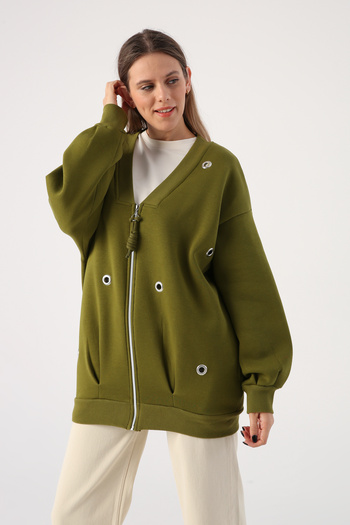 ALLDAY Khaki V-Neck Eyelet Detailed Ribbed Zipper Cardigan