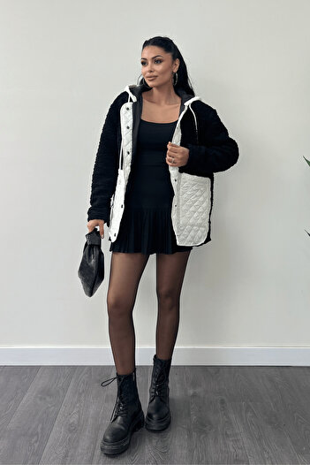 giyimmasalı Quilted Fabric Plush Garnished Jacket - Black