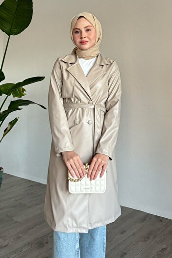 InStyle Beige Leather Trench - Narrow Fit and Belt Detail