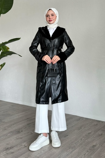 InStyle Black Leather Trench Coat with Fur Detail