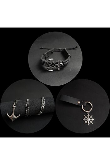 BSN Store Set of 3 Sailor Combination Anchor Figured Genuine Leather Bracelet Keychain and Necklace